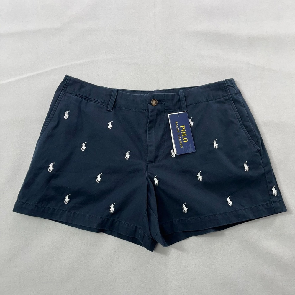 Polo Ralph Lauren Embroidered Logo Shorts Women 4 Navy Blue Chino New